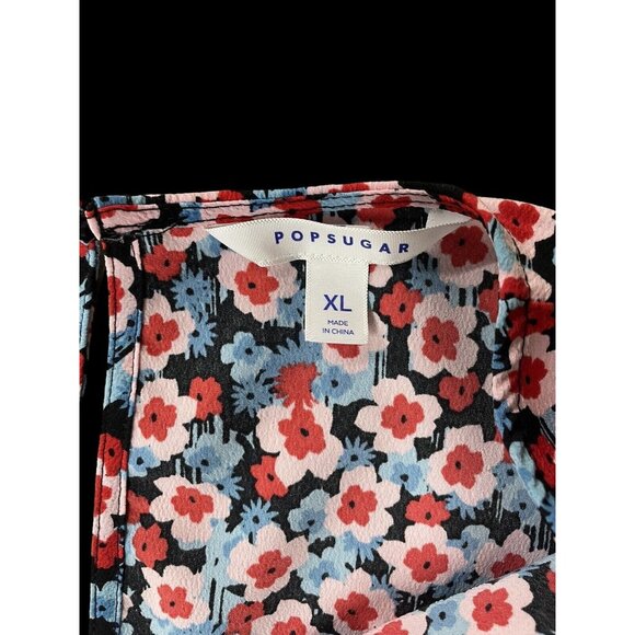 Short Mini Dress XL Daisy Flower Power Pockets Belt Red Blue V Neck Popsugar - Picture 5 of 10